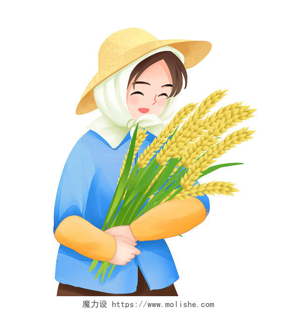 彩色手绘卡通农民劳作抱麦子劳动节元素PNG素材